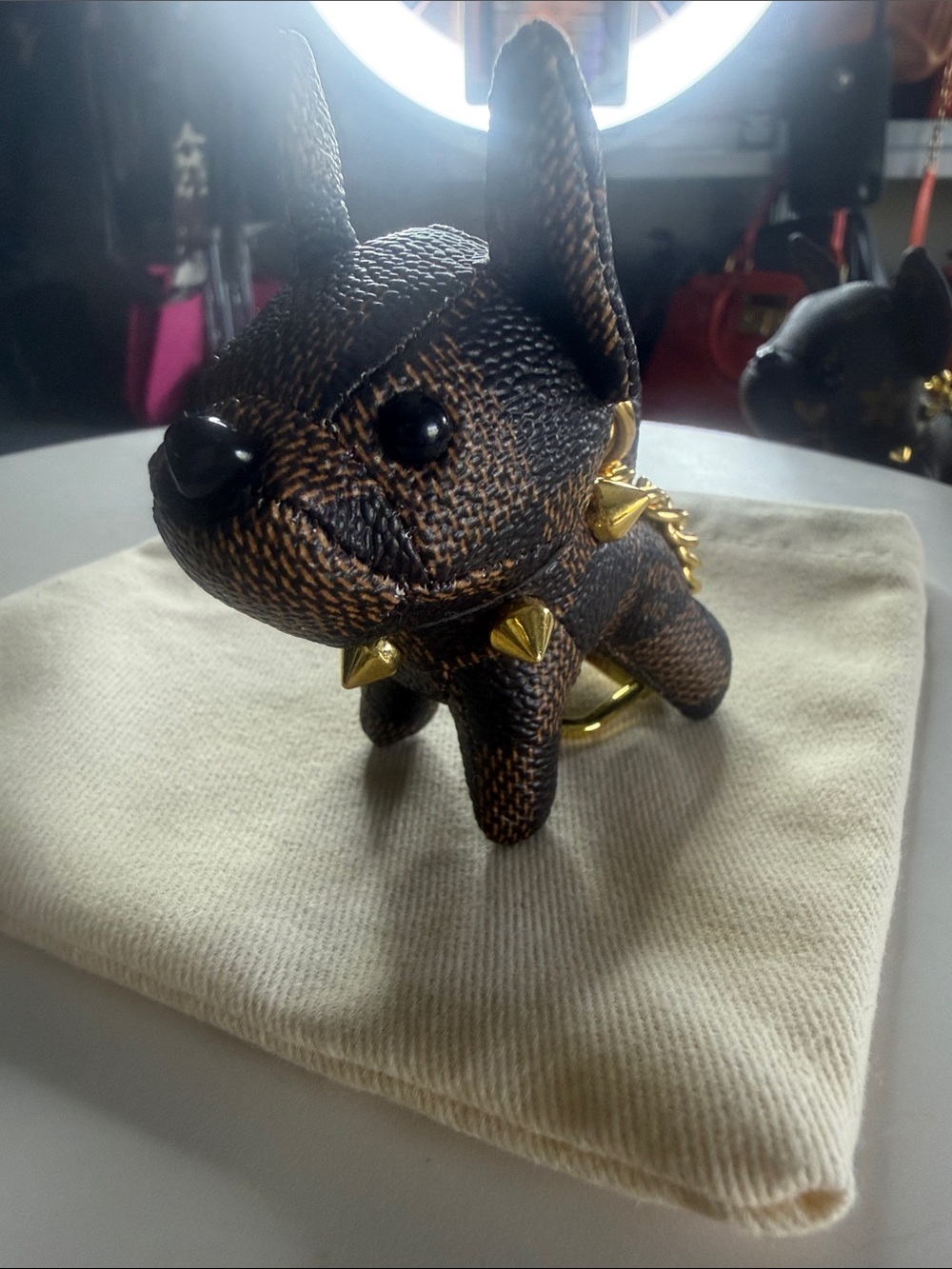 Brown Puppy Charm Keyring with Gold Studs